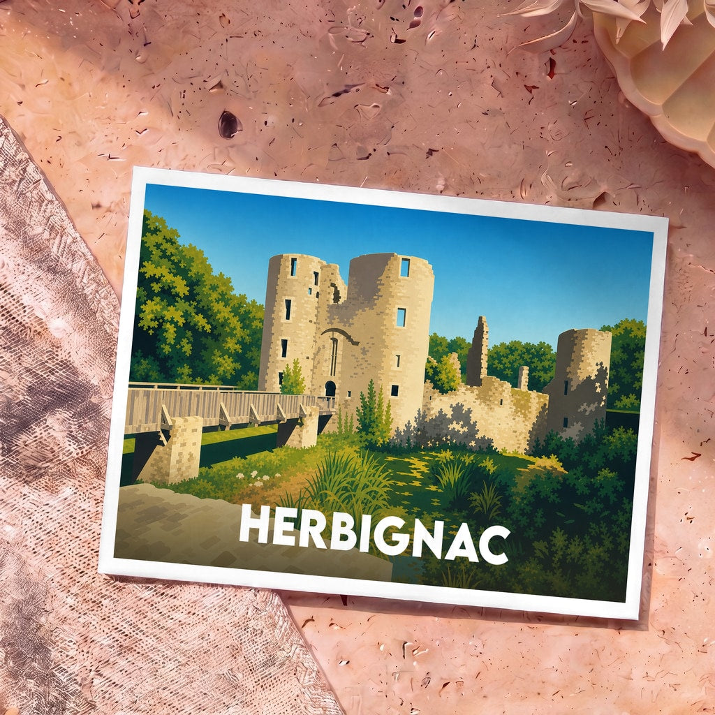 Carte postale souvenir de la ville d'Herbignac illustrant les ruines stylisées de son château médiéval.