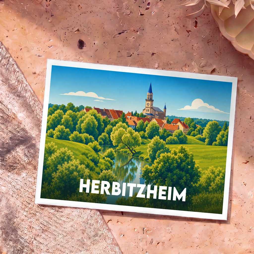 Carte postale souvenir de la ville de Herbitzheim avec une illustration stylisée d'un paysage urbain verdoyant.