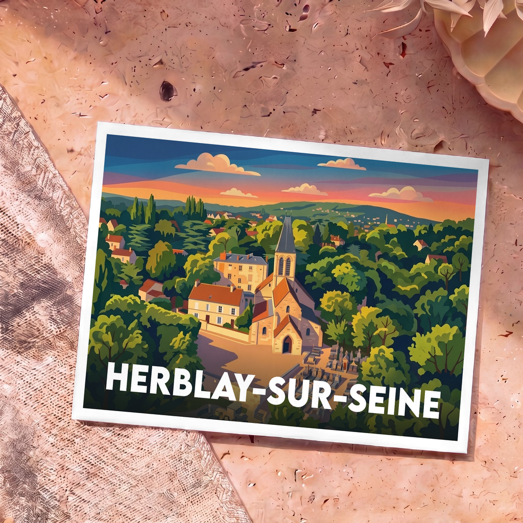 Carte postale souvenir de la ville de Herblay-sur-Seine avec une illustration colorée et stylisée de son église et de ses paysages verdoyants.