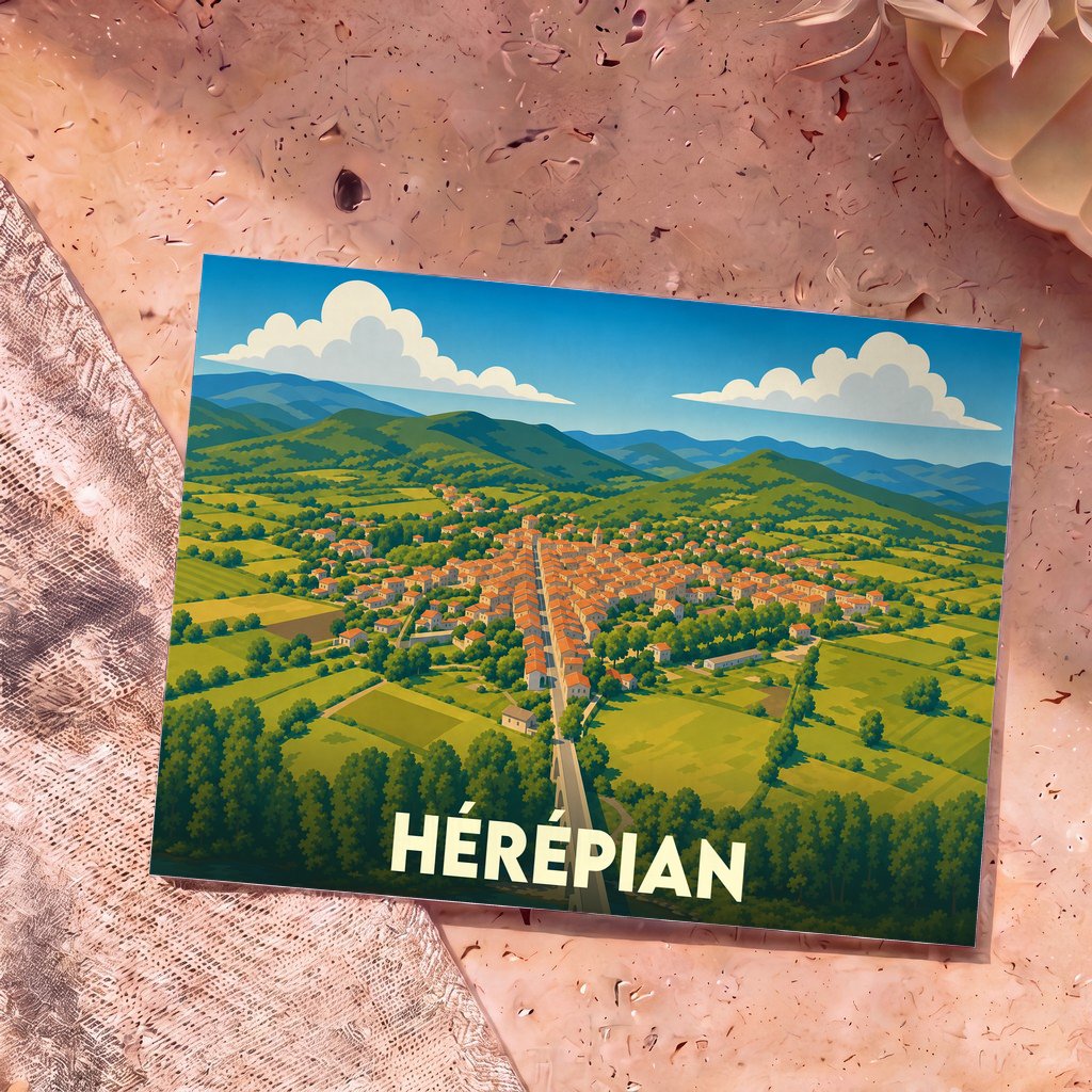 Carte postale souvenir de la ville de Hérépian avec une illustration stylisée vue du ciel.