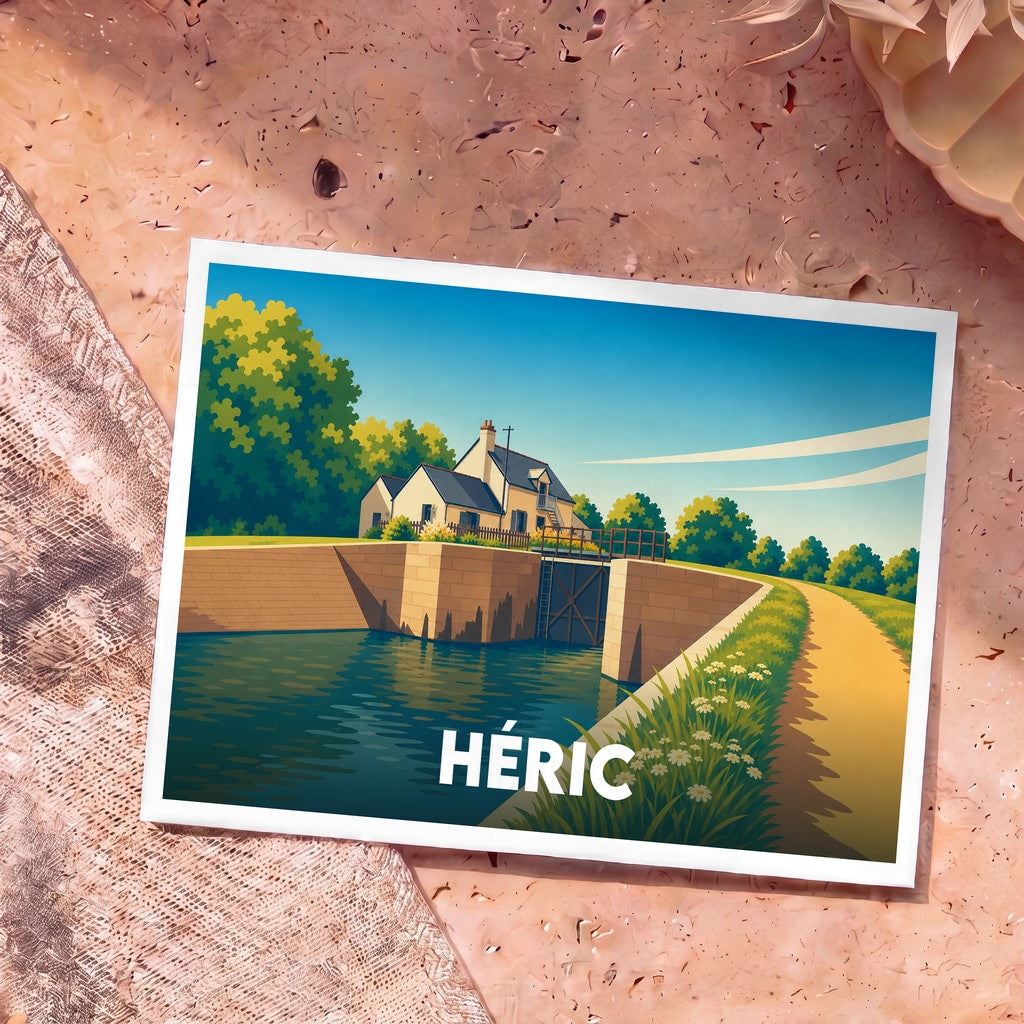 Carte postale souvenir de la ville de Héric illustrant une écluse et sa maisonnette dans un style graphique épuré.