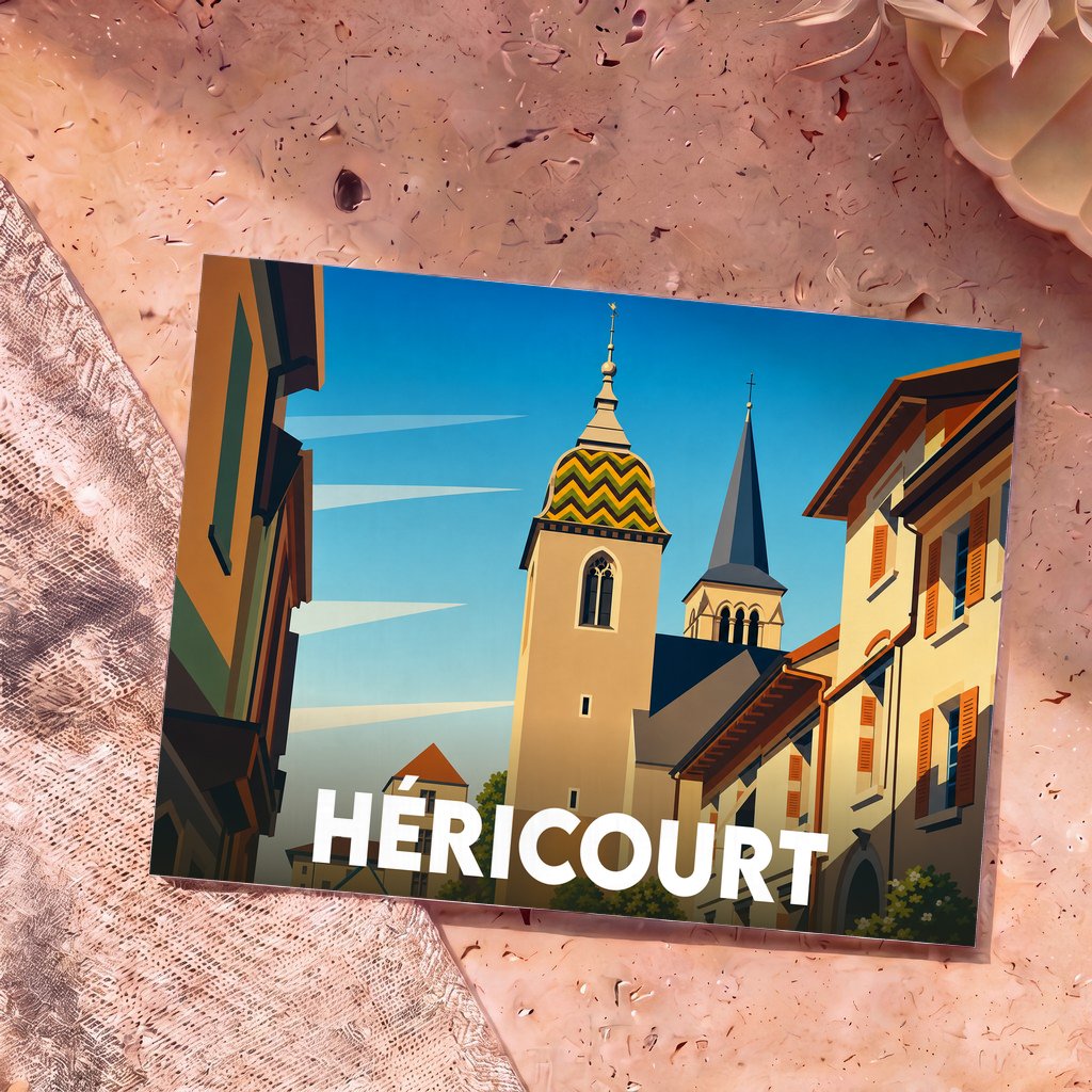 Carte postale souvenir de la ville de Héricourt avec une illustration stylisée de son église et de ses bâtiments colorés.