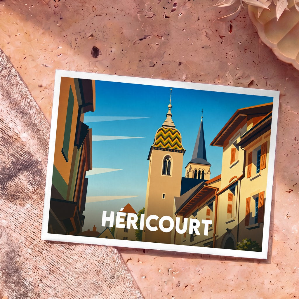 Carte postale souvenir de la ville de Héricourt avec une illustration stylisée de son église et de ses bâtiments colorés.