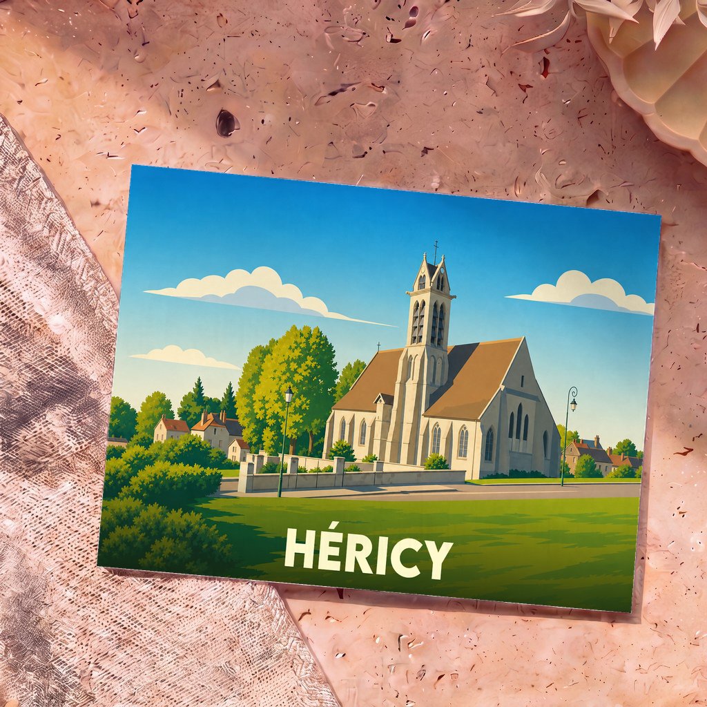 Carte postale souvenir de la ville de Héricy illustrant son église dans un style graphique épuré.