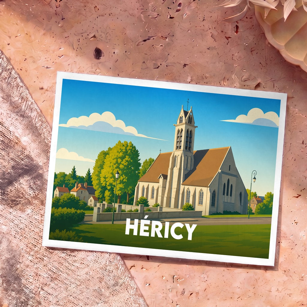 Carte postale souvenir de la ville de Héricy illustrant son église dans un style graphique épuré.