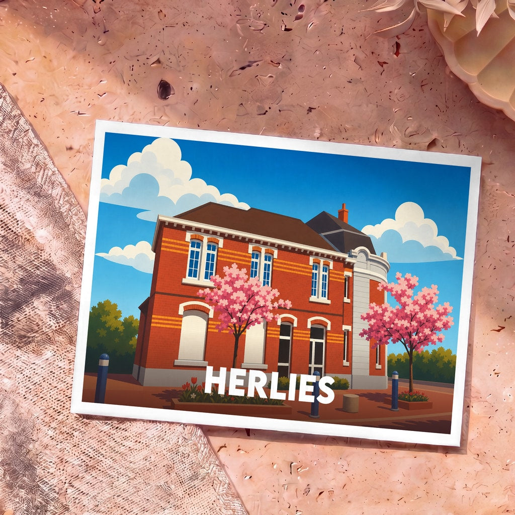 Carte postale souvenir de la ville de Herlies avec une illustration stylisée de sa mairie et de cerisiers en fleurs.