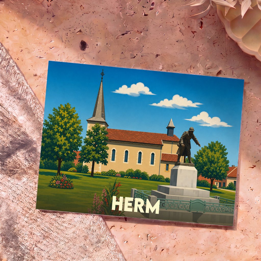 Carte postale souvenir de la ville de Herm avec une illustration stylisée de son église et de son monument aux morts.
