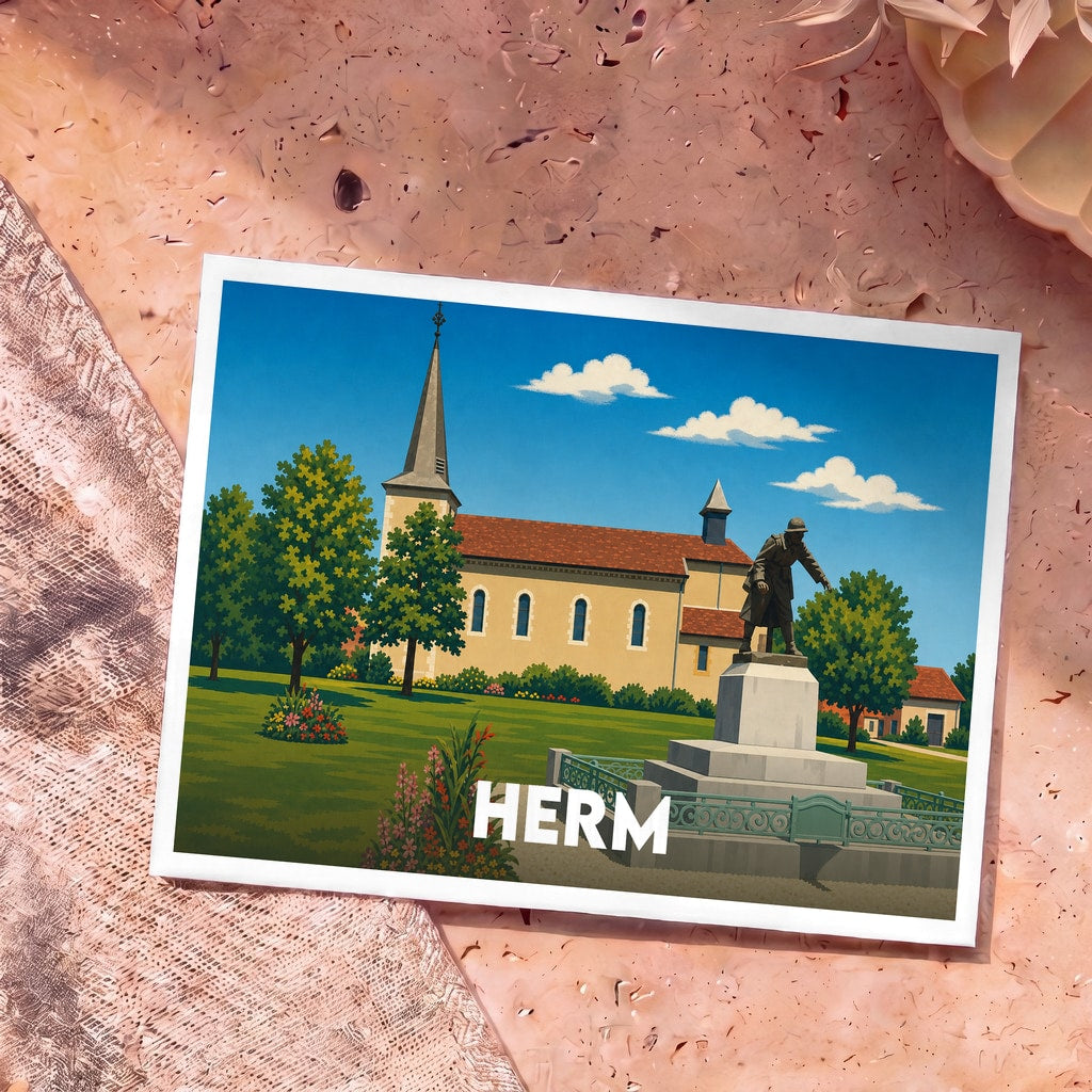 Carte postale souvenir de la ville de Herm avec une illustration stylisée de son église et de son monument aux morts.