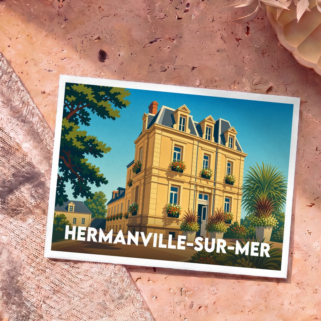 Carte postale souvenir de la ville de Hermanville-sur-Mer avec une illustration stylisée d'une grande villa balnéaire.