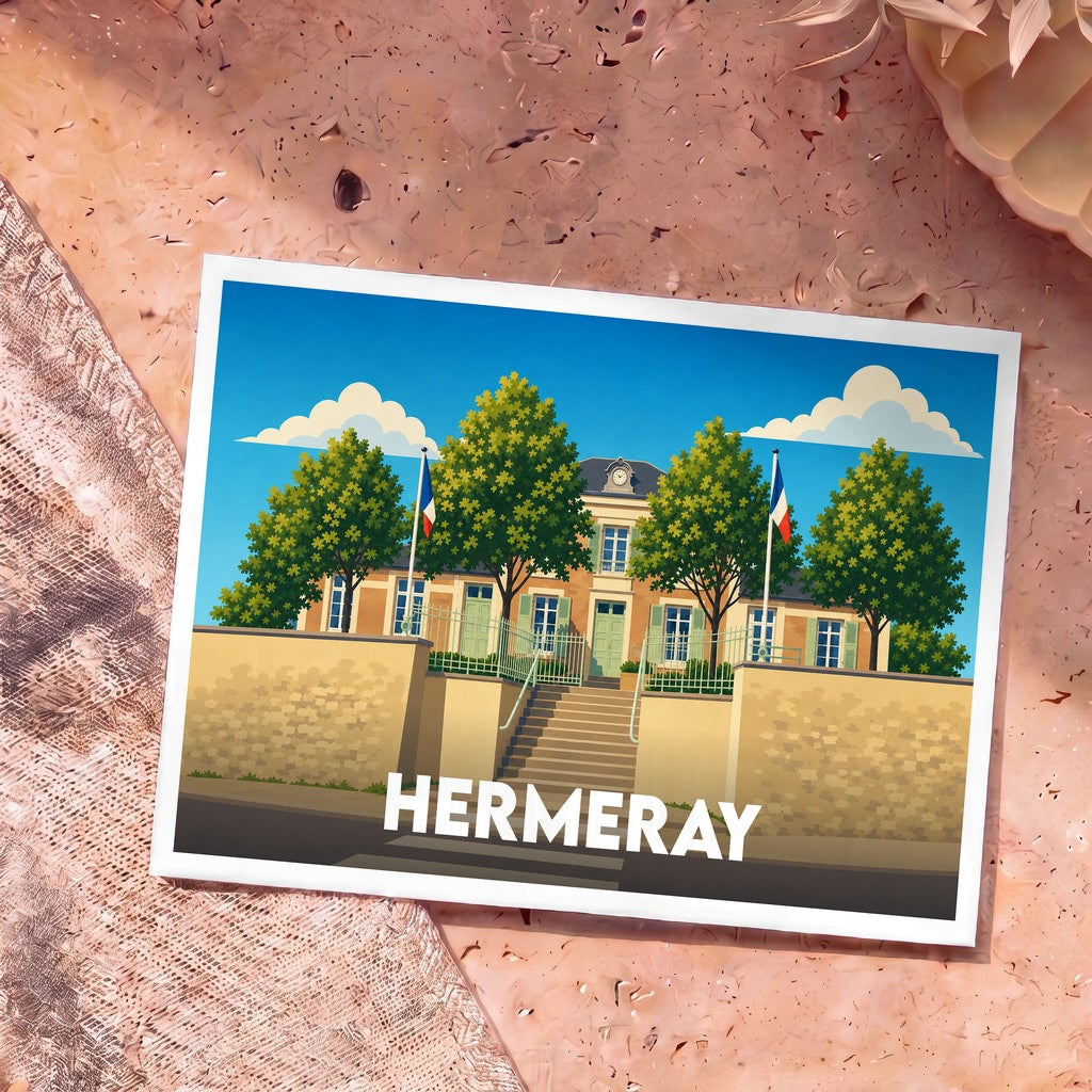 Carte postale souvenir de la ville de Hermeray avec une illustration stylisée de sa mairie.