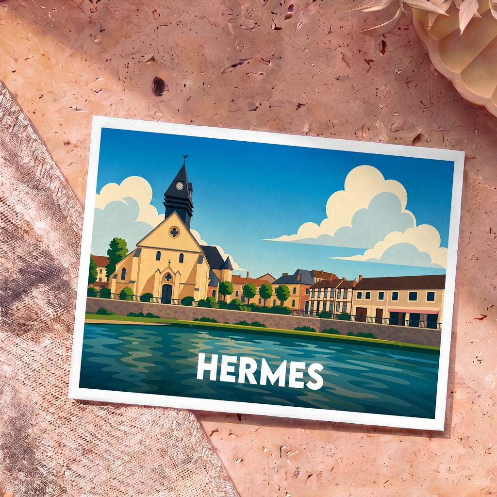 Carte postale souvenir de la ville de Hermes avec une illustration stylisée des bords de l'Oise.