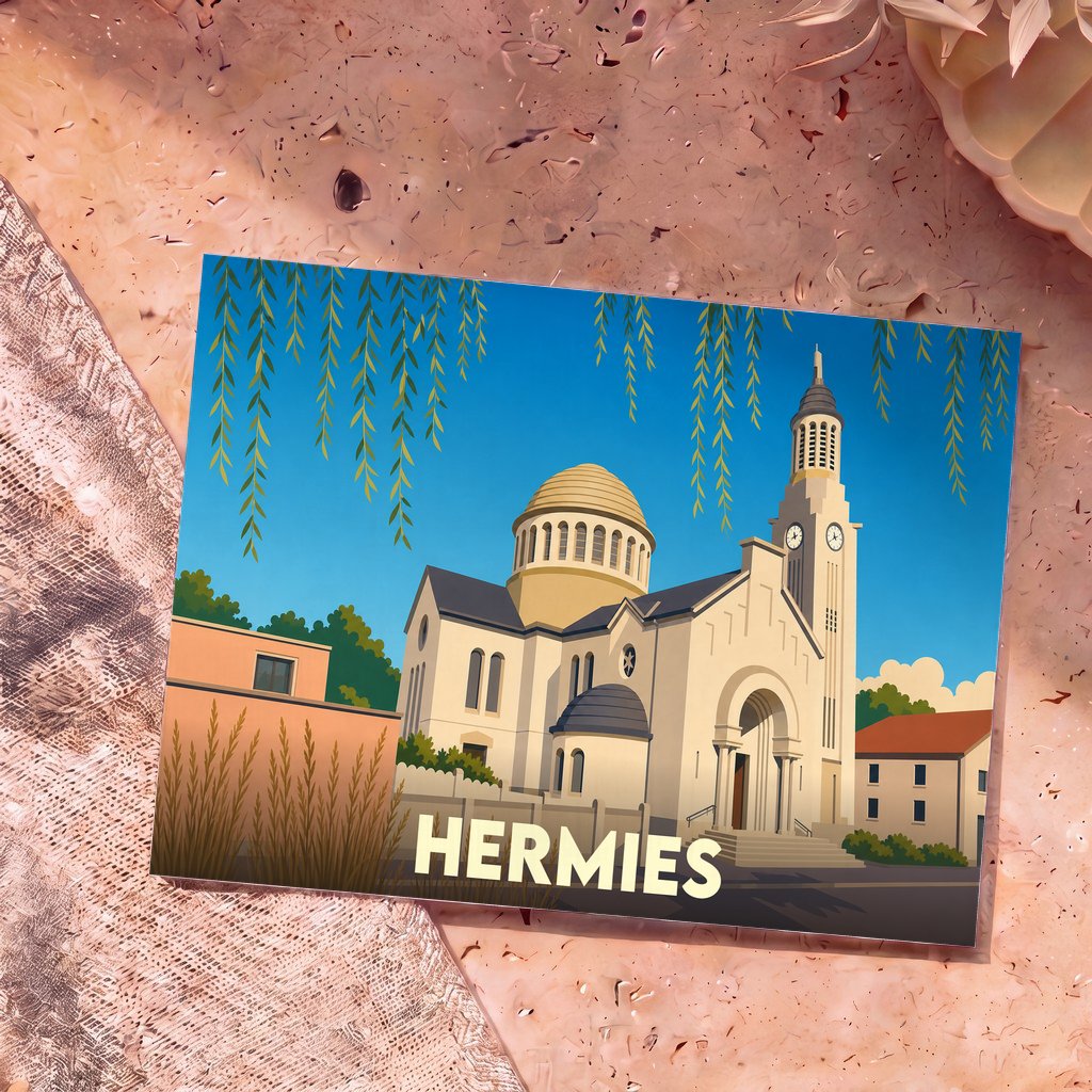 Carte postale souvenir de la ville de Hermies illustrant son église dans un style graphique épuré.