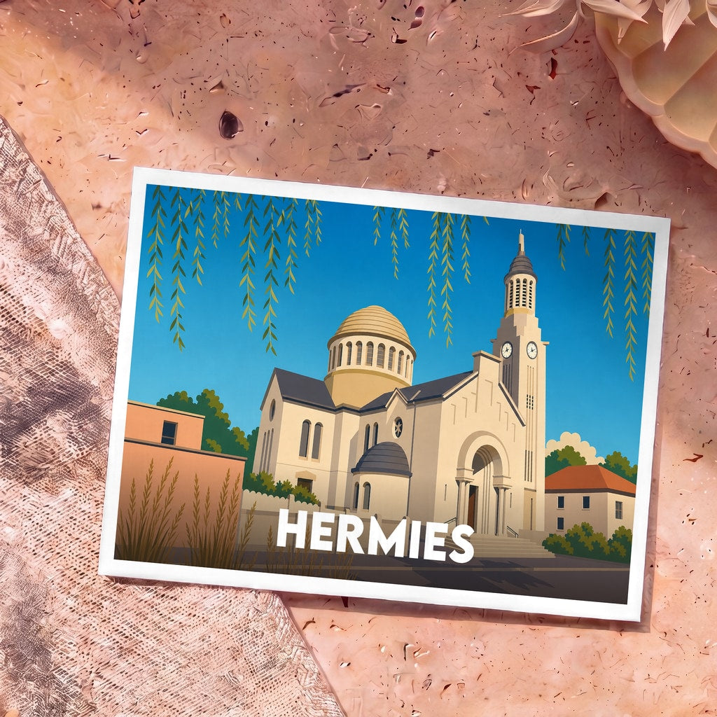Carte postale souvenir de la ville de Hermies illustrant son église dans un style graphique épuré.