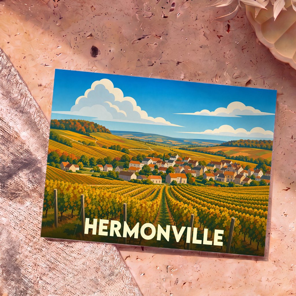 Carte postale souvenir de la ville de Hermonville avec une illustration stylisée d'un village entouré de vignes.