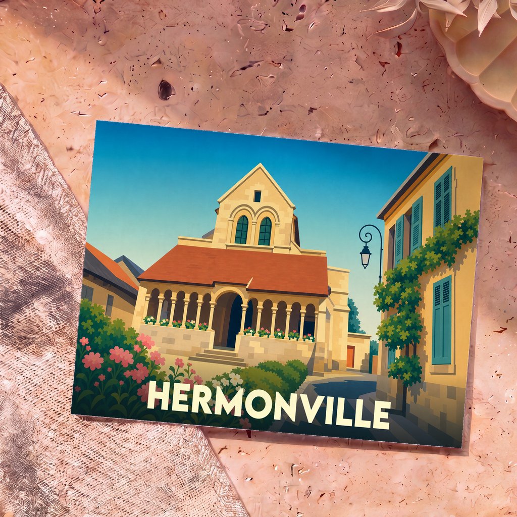 Carte postale souvenir de la ville de Hermonville avec une illustration stylisée et colorée de son patrimoine.