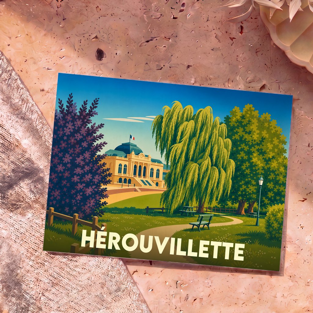 Carte postale souvenir de la ville de Hérouvillette avec une illustration stylisée d'un parc et d'un bâtiment classique.
