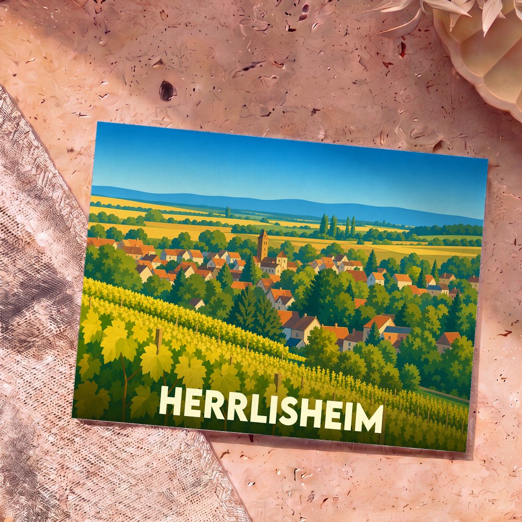 Carte postale souvenir de la ville de Herrlisheim avec une illustration stylisée de son village et de ses vignobles.