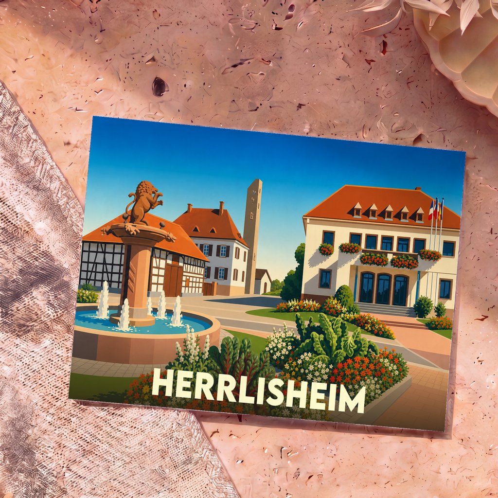 Carte postale souvenir de la ville de Herrlisheim avec une illustration stylisée et colorée de sa place centrale.