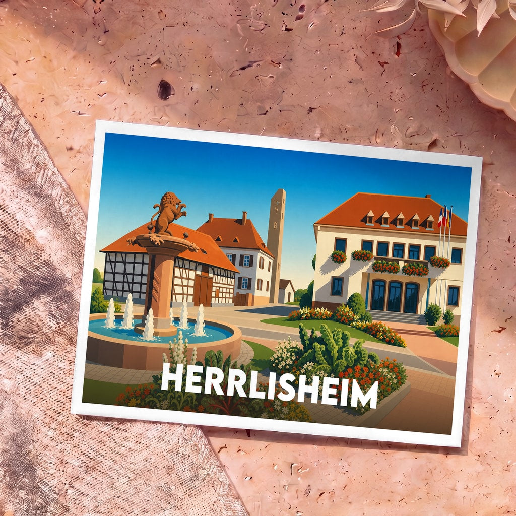Carte postale souvenir de la ville de Herrlisheim avec une illustration stylisée et colorée de sa place centrale.