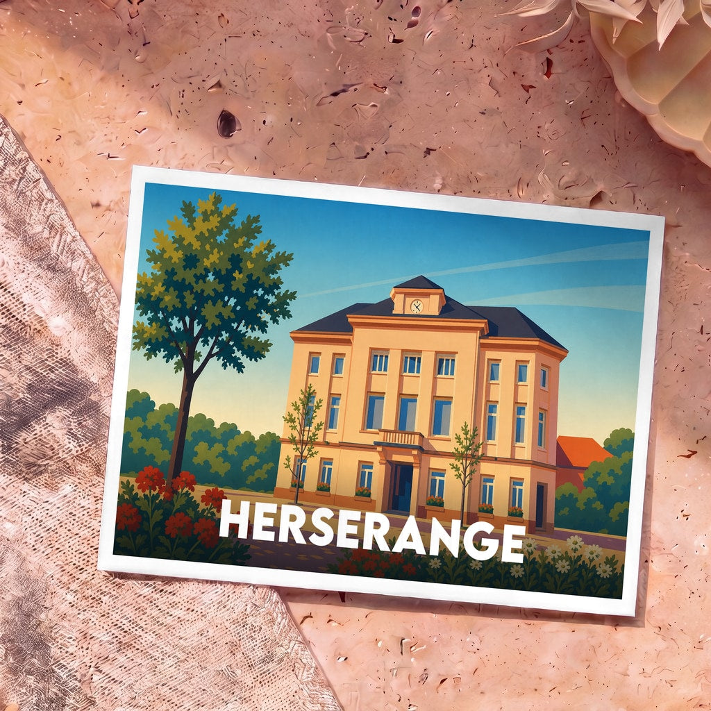Carte postale souvenir de la ville de Herserange avec une illustration stylisée de son hôtel de ville.