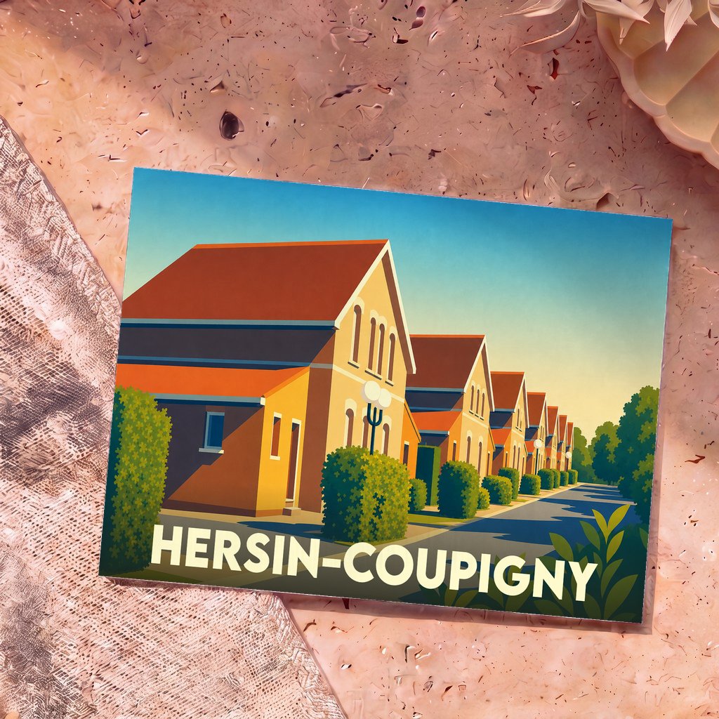 Carte postale souvenir de la ville de Hersin-Coupigny avec une illustration stylisée de maisons alignées.