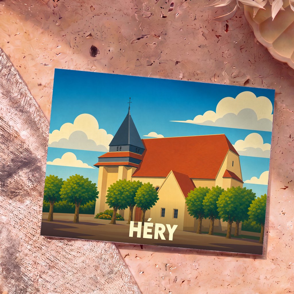 Carte postale souvenir de la ville de Héry avec une illustration stylisée de son église sous un ciel nuageux.