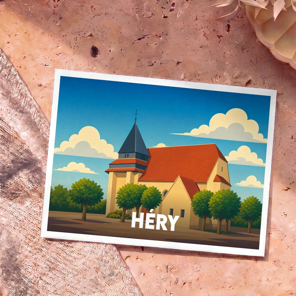 Carte postale souvenir de la ville de Héry avec une illustration stylisée de son église sous un ciel nuageux.