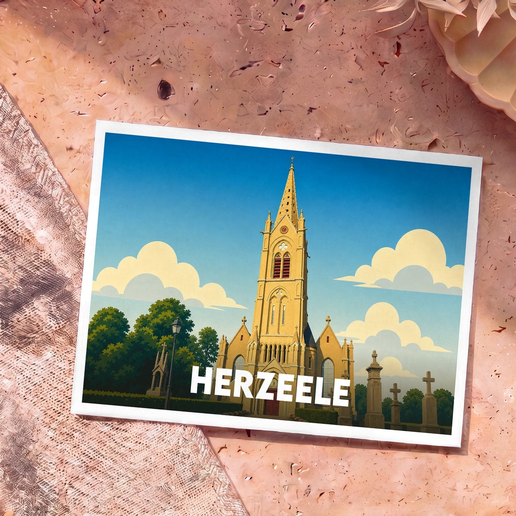 Carte postale souvenir de la ville de Herzeele avec une illustration stylisée de son église et de son cimetière.