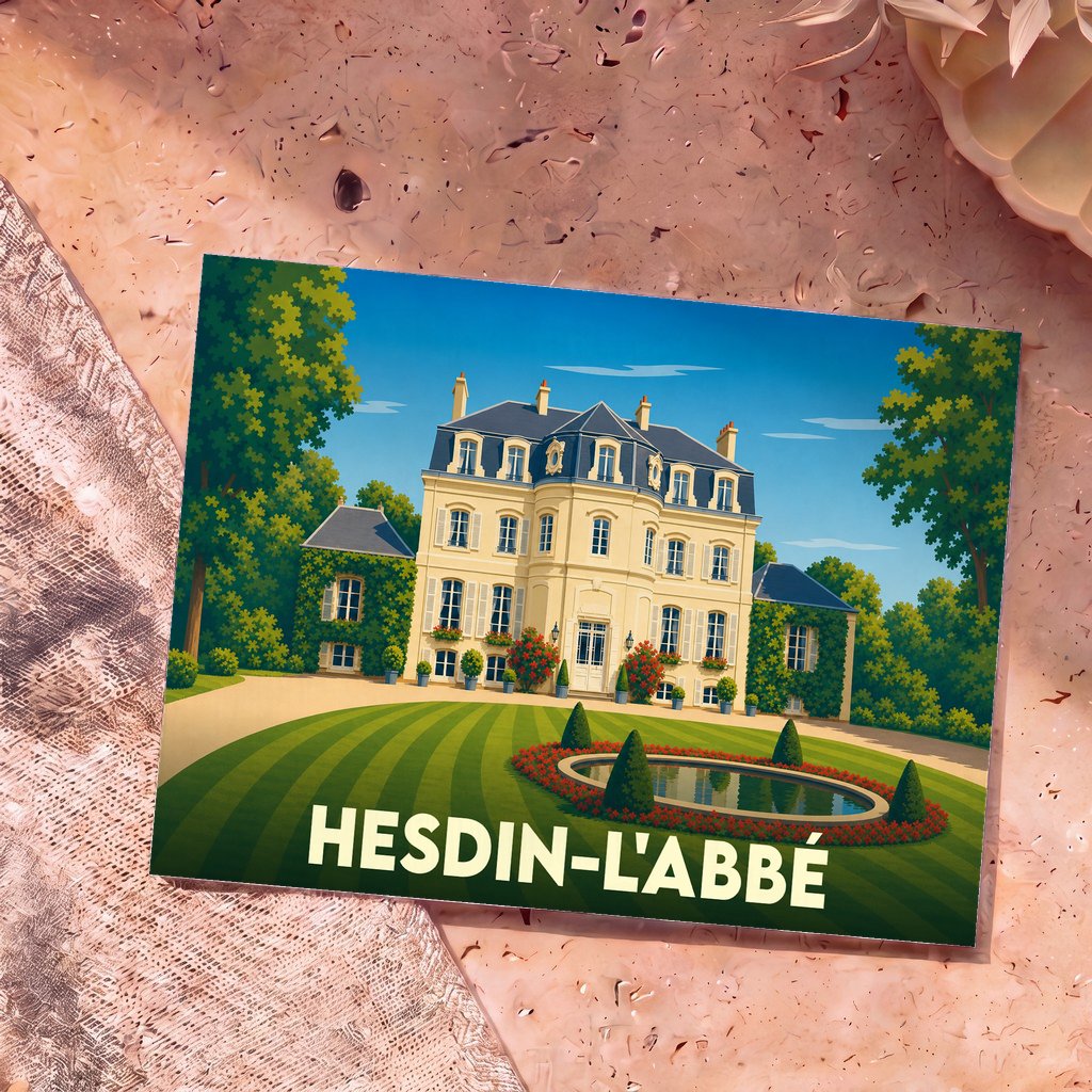 Carte postale souvenir de la ville de Hesdin-l'Abbé illustrant un château entouré de jardins.