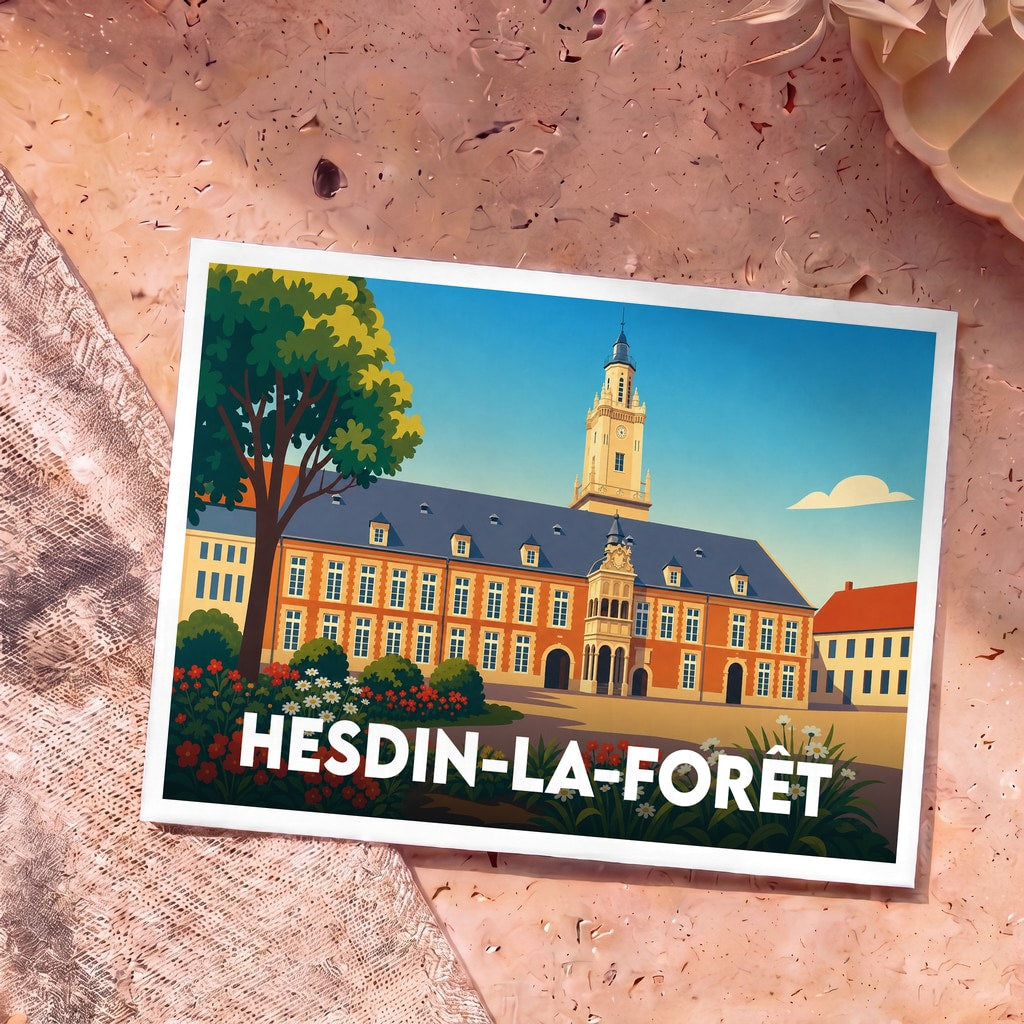 Carte postale souvenir de la ville de Hesdin-la-Forêt avec une illustration stylisée de son hôtel de ville.