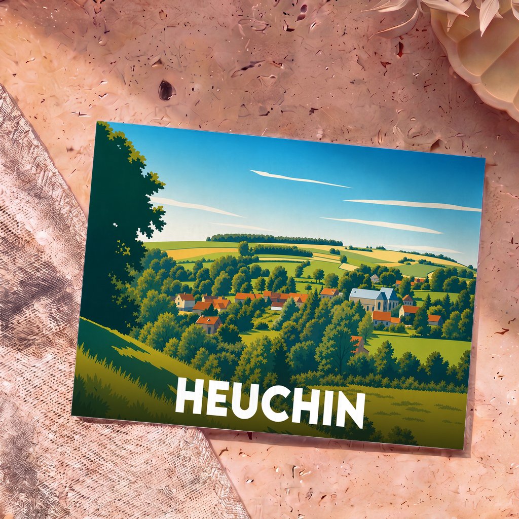 Carte postale souvenir de la ville de Heuchin avec une illustration stylisée de son paysage rural.