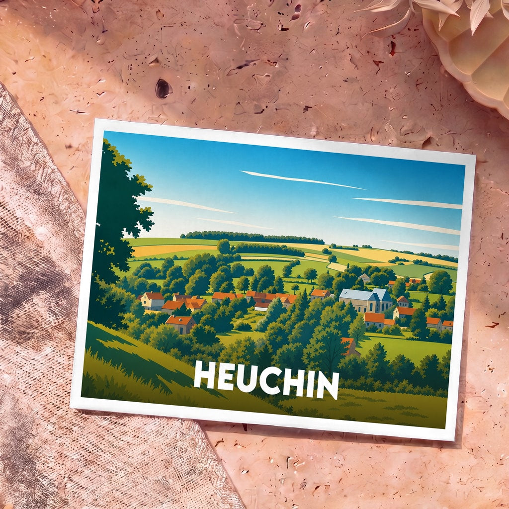 Carte postale souvenir de la ville de Heuchin avec une illustration stylisée de son paysage rural.