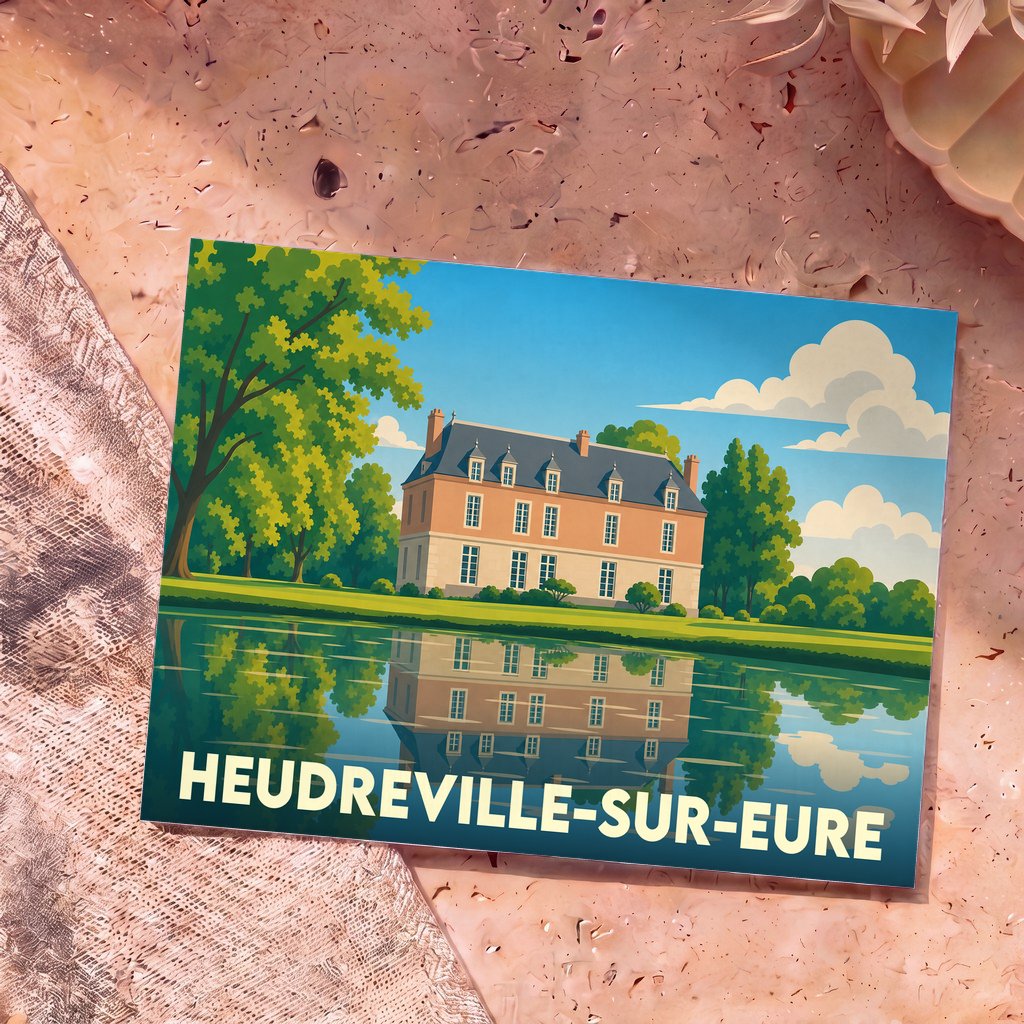 Carte postale souvenir de Heudreville-sur-Eure illustrant une demeure bourgeoise se reflétant dans l'eau.