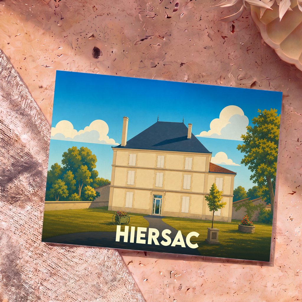 Carte postale souvenir de la ville de Hiersac illustrant une grande demeure de style charentais sous un ciel bleu.