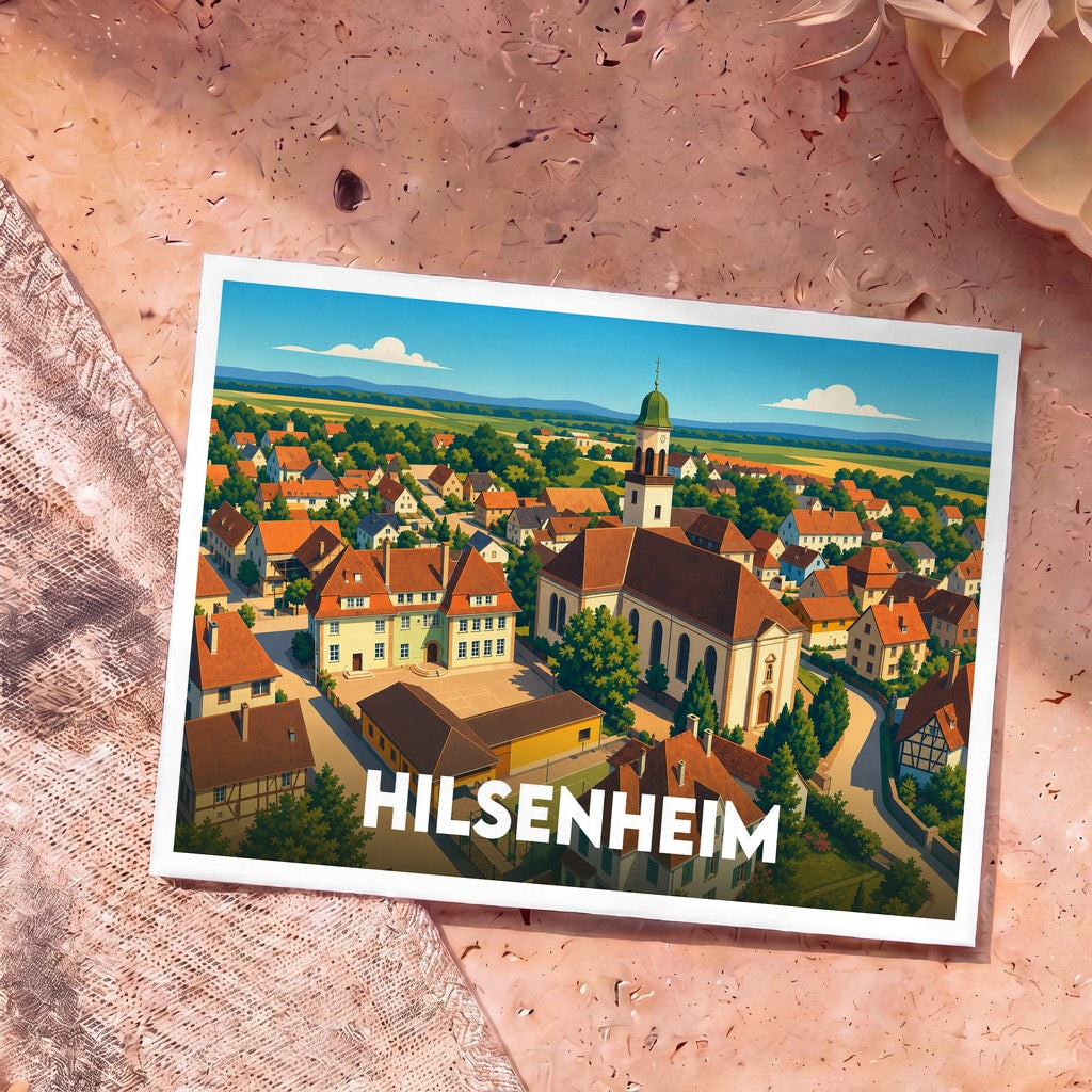 Carte postale souvenir de la ville de Hilsenheim avec une illustration stylisée montrant l'église et les maisons du village.