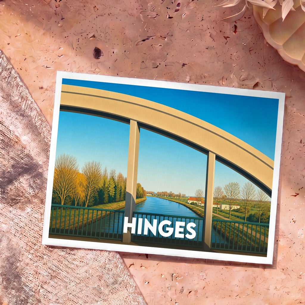 Carte postale souvenir de la ville de Hinges avec une illustration stylisée d'un pont au-dessus d'un canal.