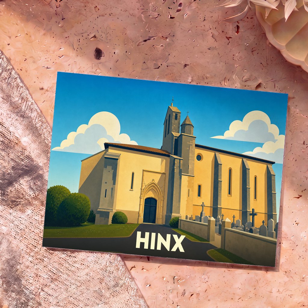 Carte postale souvenir de la ville de Hinx illustrant son église dans un style graphique épuré.