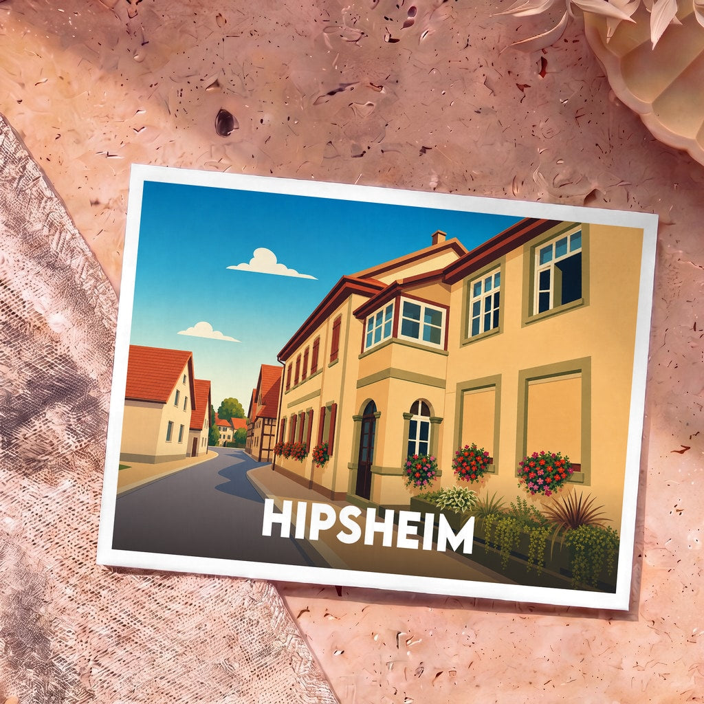 Carte postale souvenir de la ville de Hipsheim avec une illustration stylisée d'une rue pittoresque.