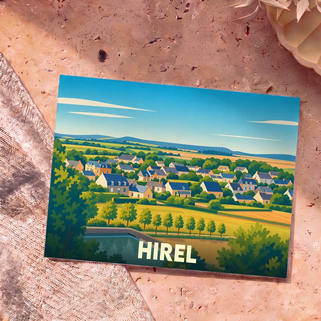 Carte postale souvenir de la ville de Hirel avec une illustration stylisée d'un village côtier breton.