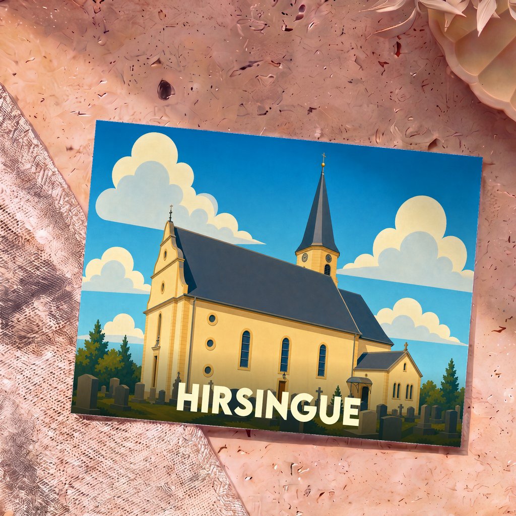 Carte postale souvenir de la ville de Hirsingue illustrée d'une église sous un ciel bleu parsemé de nuages.