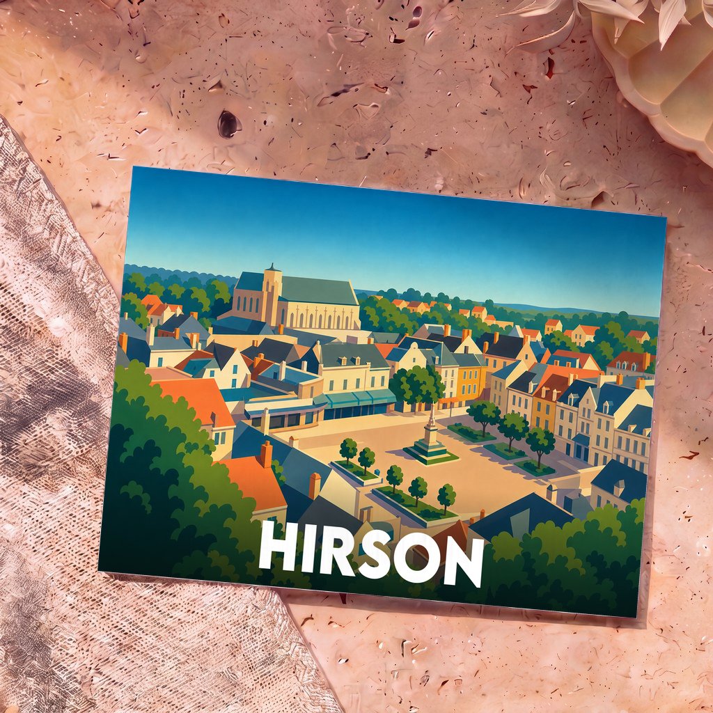 Carte postale souvenir de la ville de Hirson avec une illustration stylisée et colorée.