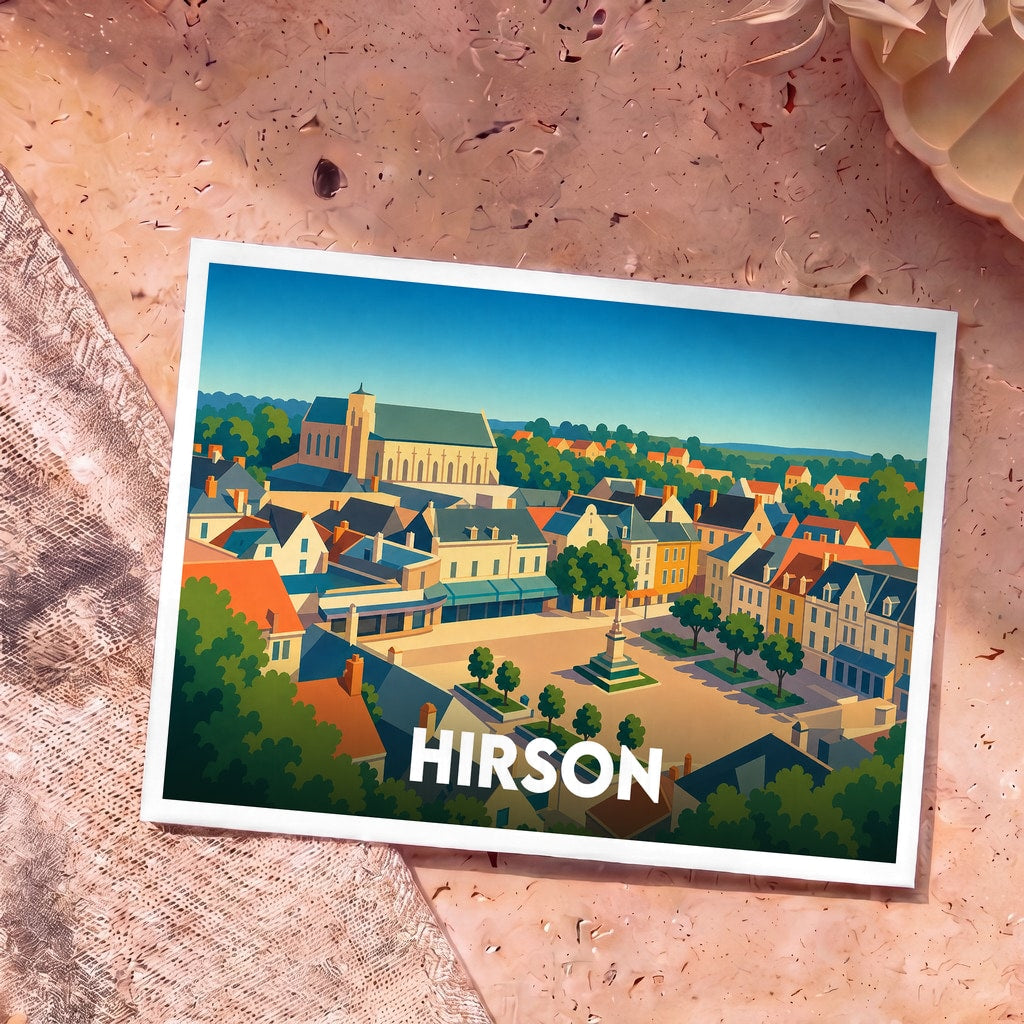 Carte postale souvenir de la ville de Hirson avec une illustration stylisée et colorée.