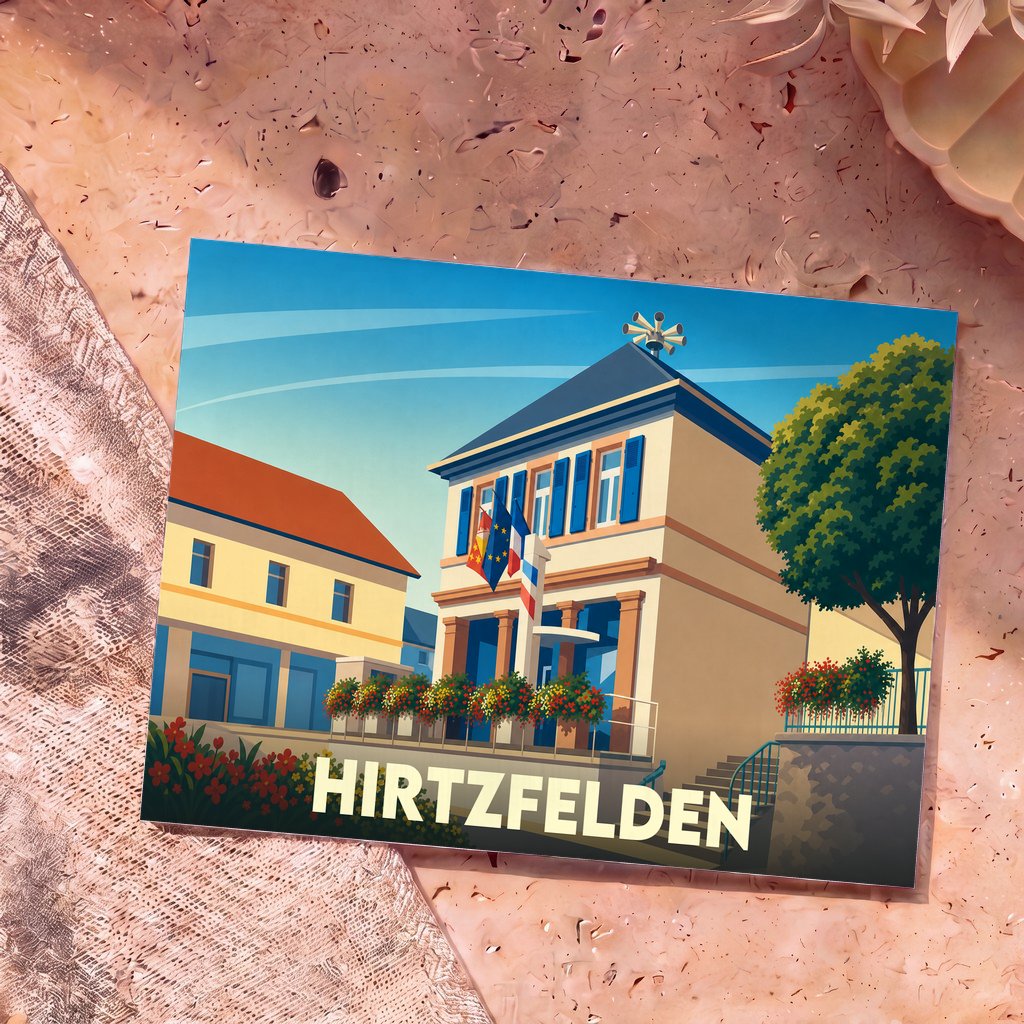 Carte postale souvenir de la ville de Hirtzfelden illustrant la mairie avec un style graphique épuré et coloré.