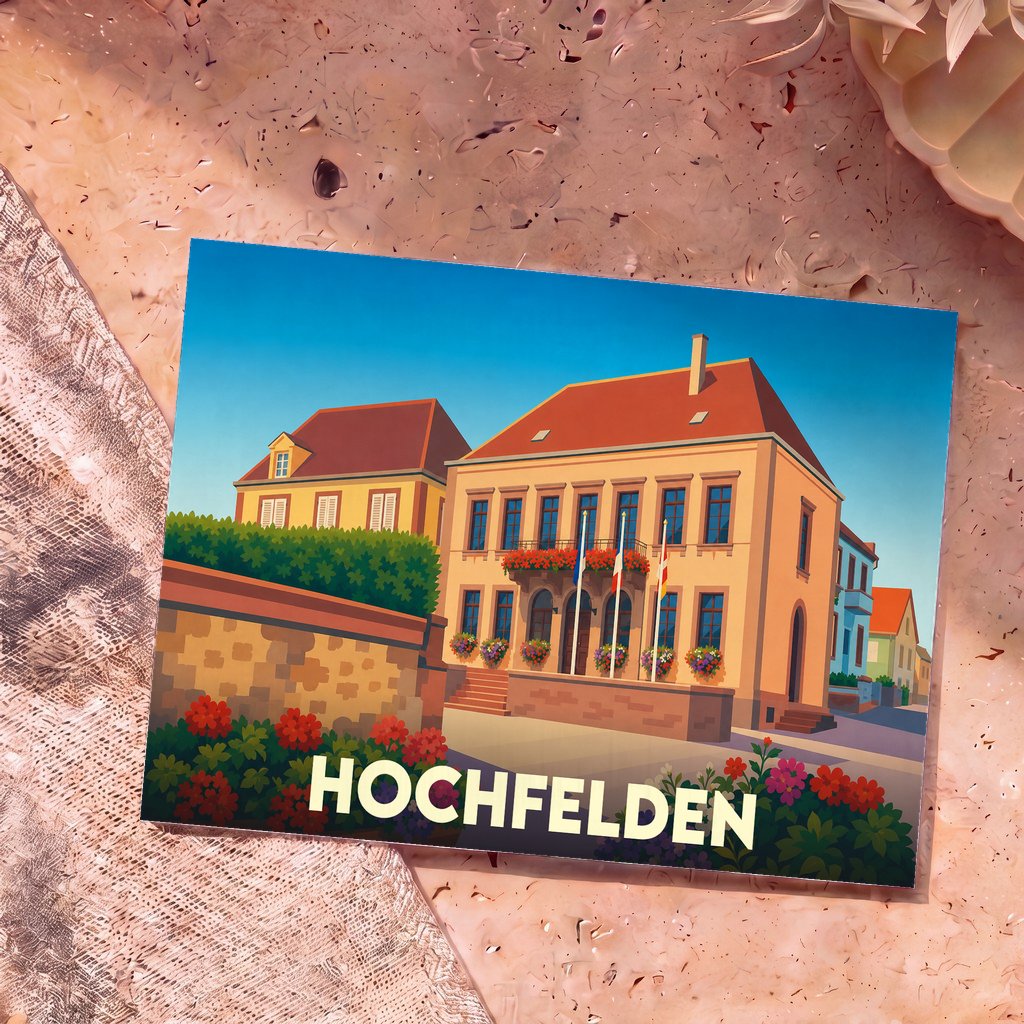 Carte postale souvenir de la ville de Hochfelden illustrant son hôtel de ville dans un style coloré et épuré.