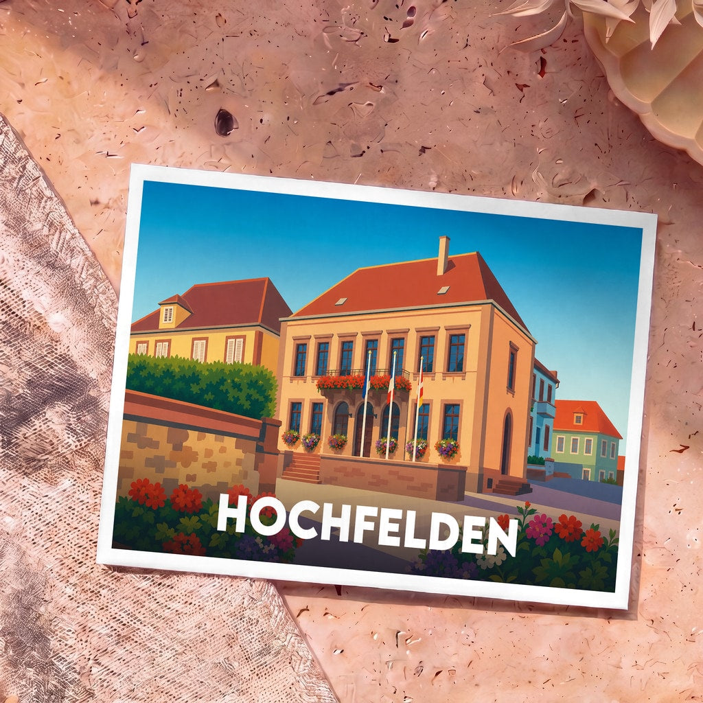 Carte postale souvenir de la ville de Hochfelden illustrant son hôtel de ville dans un style coloré et épuré.