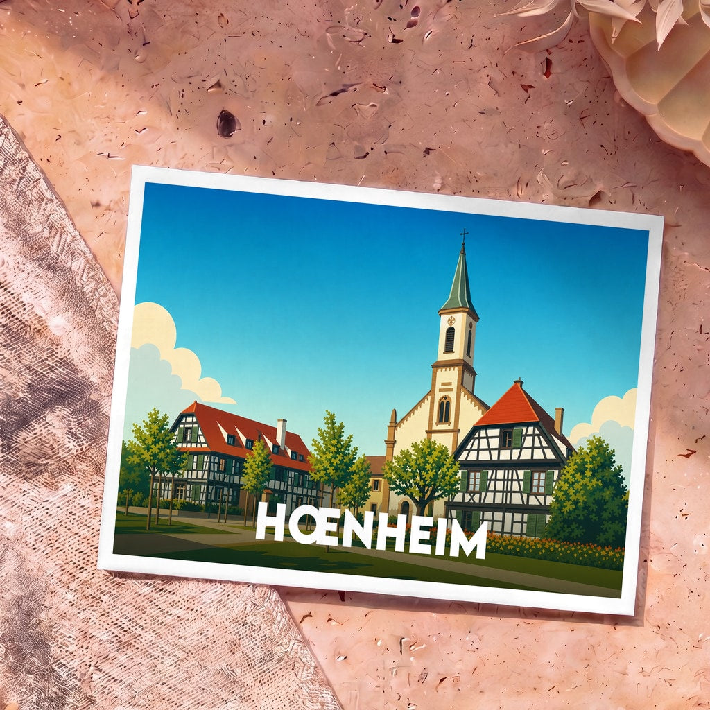 Carte postale souvenir de la ville de Hœnheim avec une illustration stylisée de son église et de maisons à colombages.