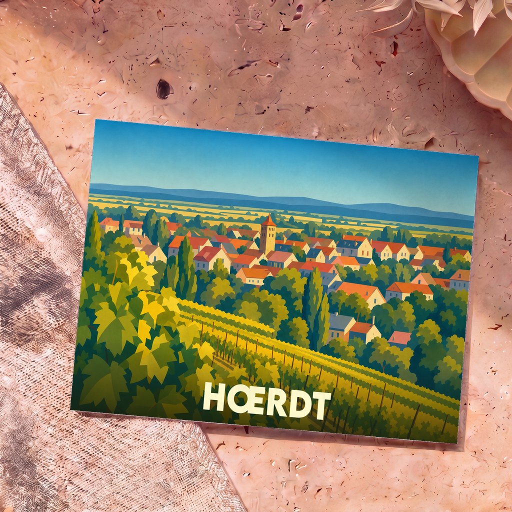 Carte postale souvenir de la ville de Hœrdt avec une illustration stylisée d'un village alsacien et de ses vignobles.