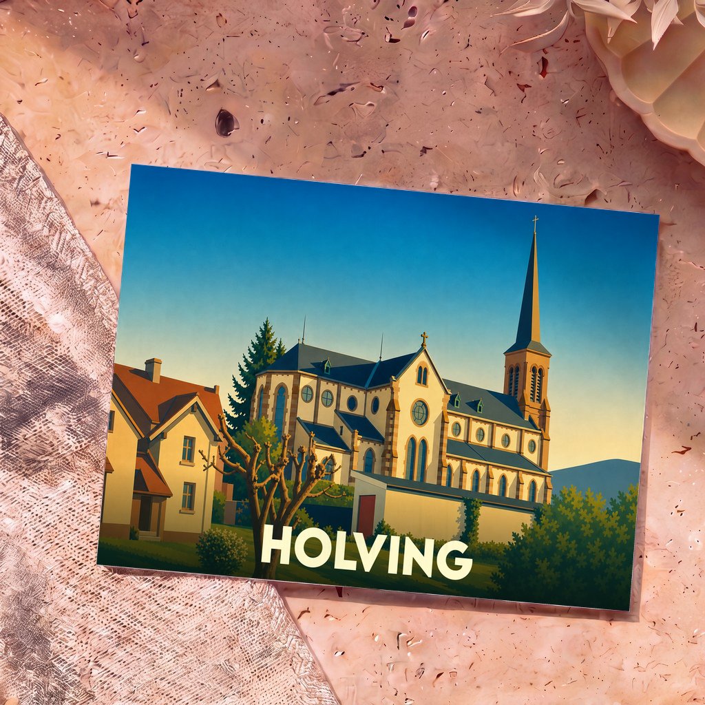 Carte postale souvenir de la ville de Holving illustrant son église dans un style graphique épuré.