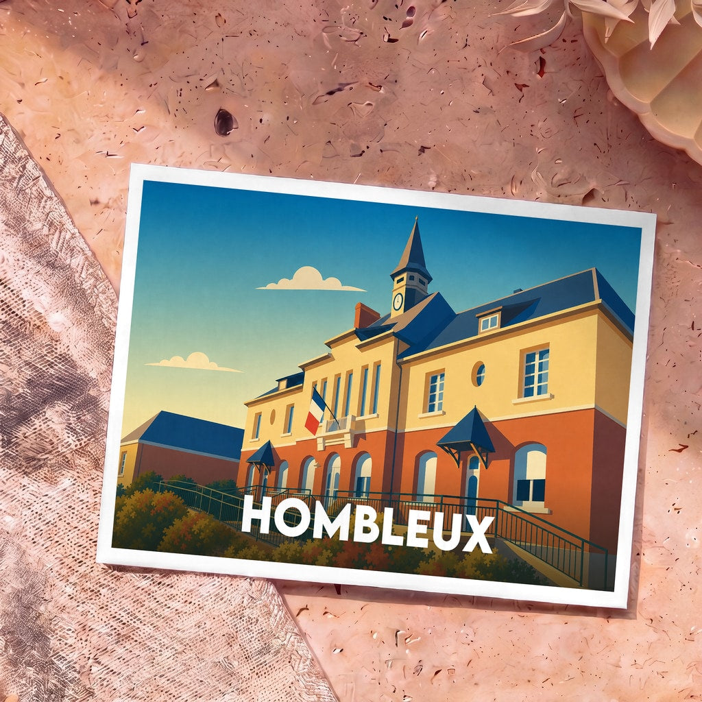 Carte postale souvenir de la ville de Hombleux avec une illustration stylisée de sa mairie.