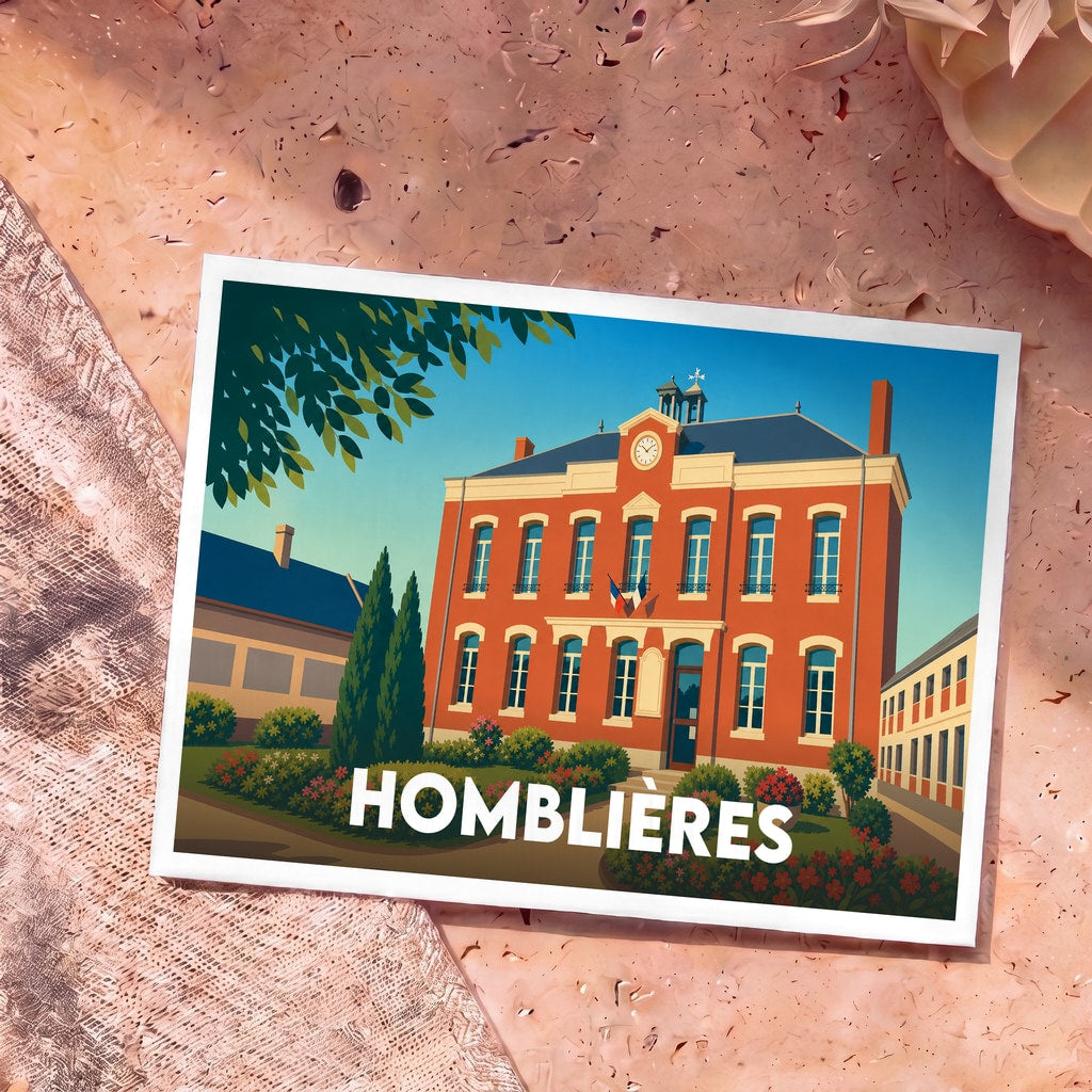Carte postale souvenir de la ville de Homblières illustrant sa mairie dans un style graphique épuré.